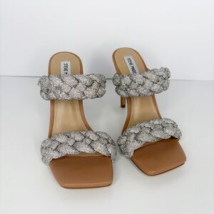 Steve Madden Kenley Rhinestone Heels Silver Braided Strap Women’s Size 9 New